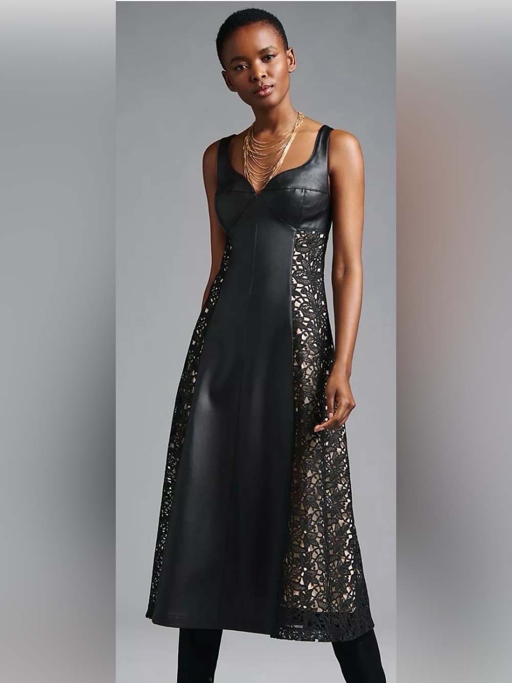 Anthropologie Black Faux Leather Lace-Panel Dress (PROJECT PIECE)
